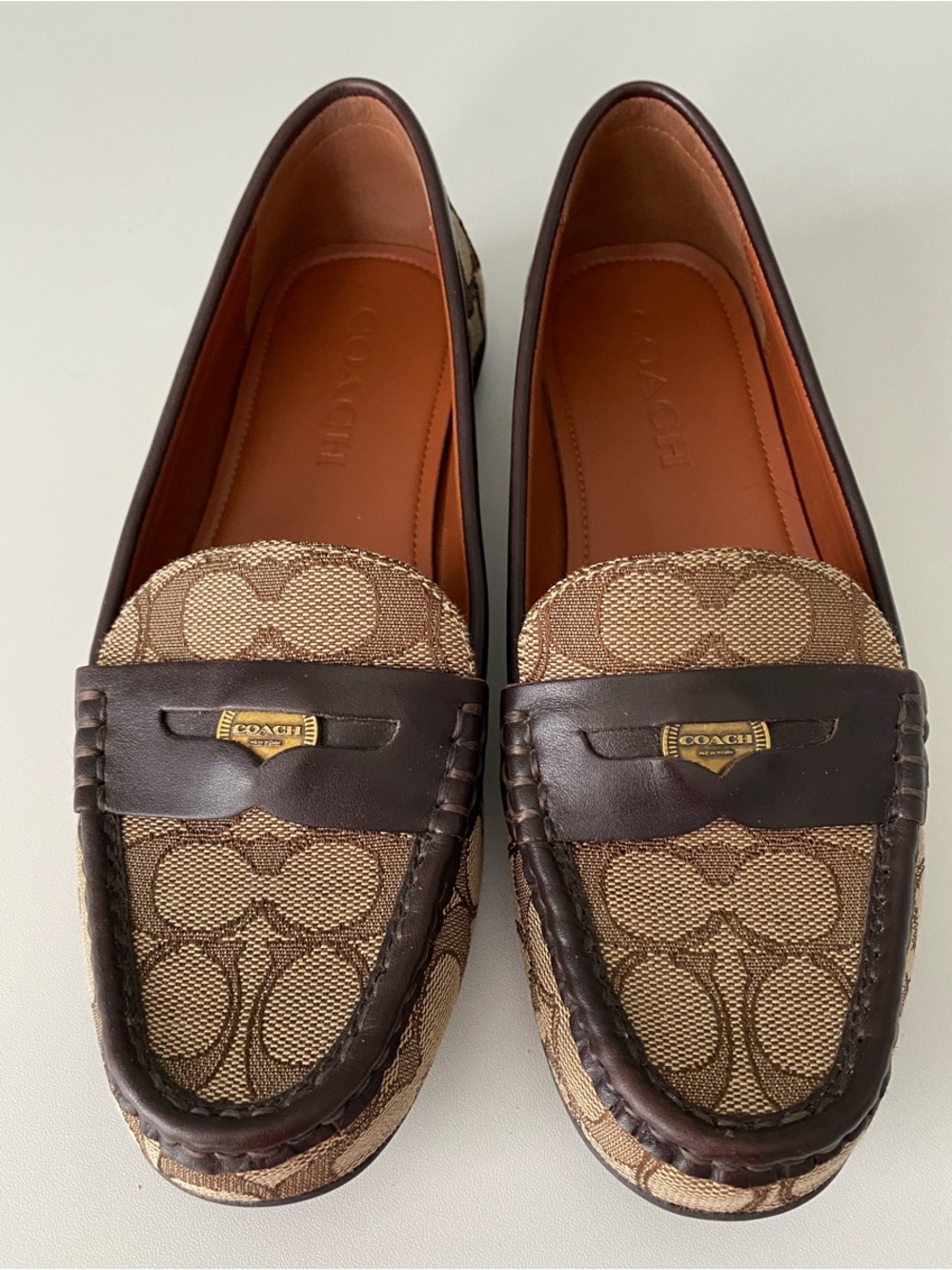 Coach Brown Signature Canvas Penny Loafers with Dark Brown Leather Trim